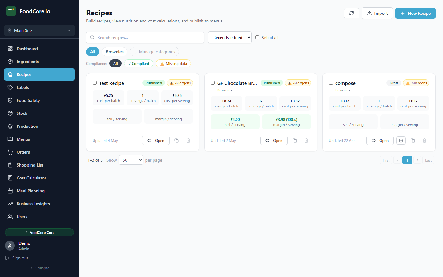 FoodCore recipe library showing all recipes with costs and allergen status