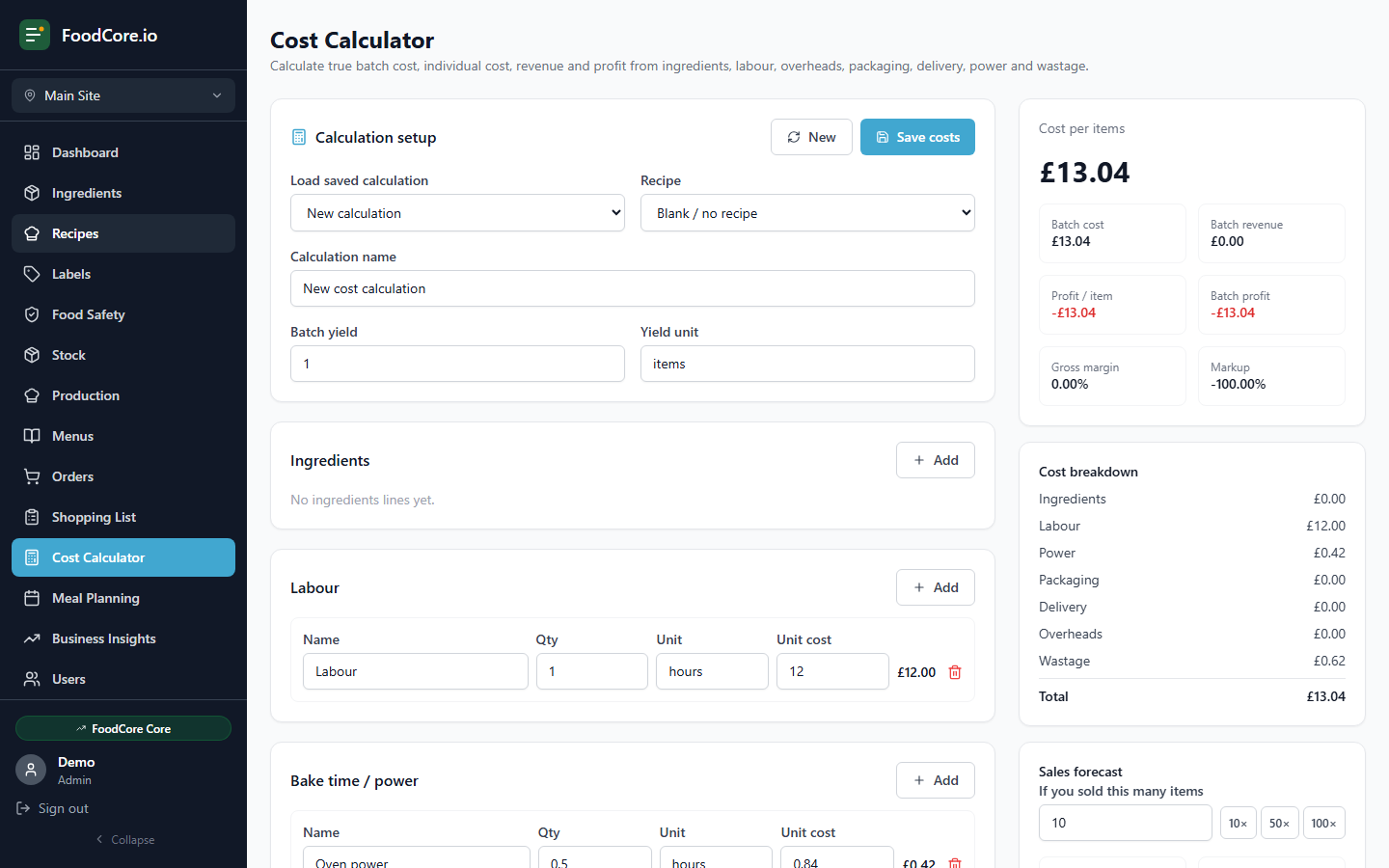 FoodCore recipe detail showing ingredient costs, allergens, and label preview