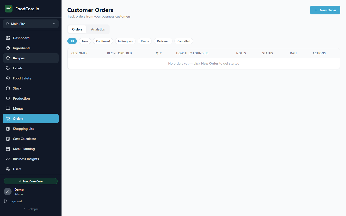 FoodCore orders screen showing customer orders and production requirements