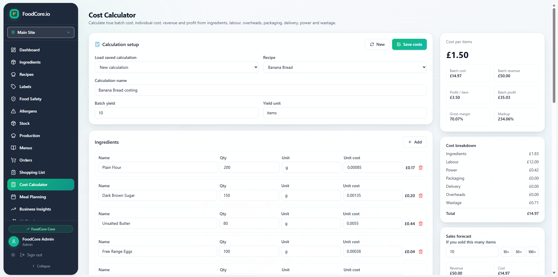 FoodCore recipe costing showing batch cost, cost per serving, selling price and gross margin