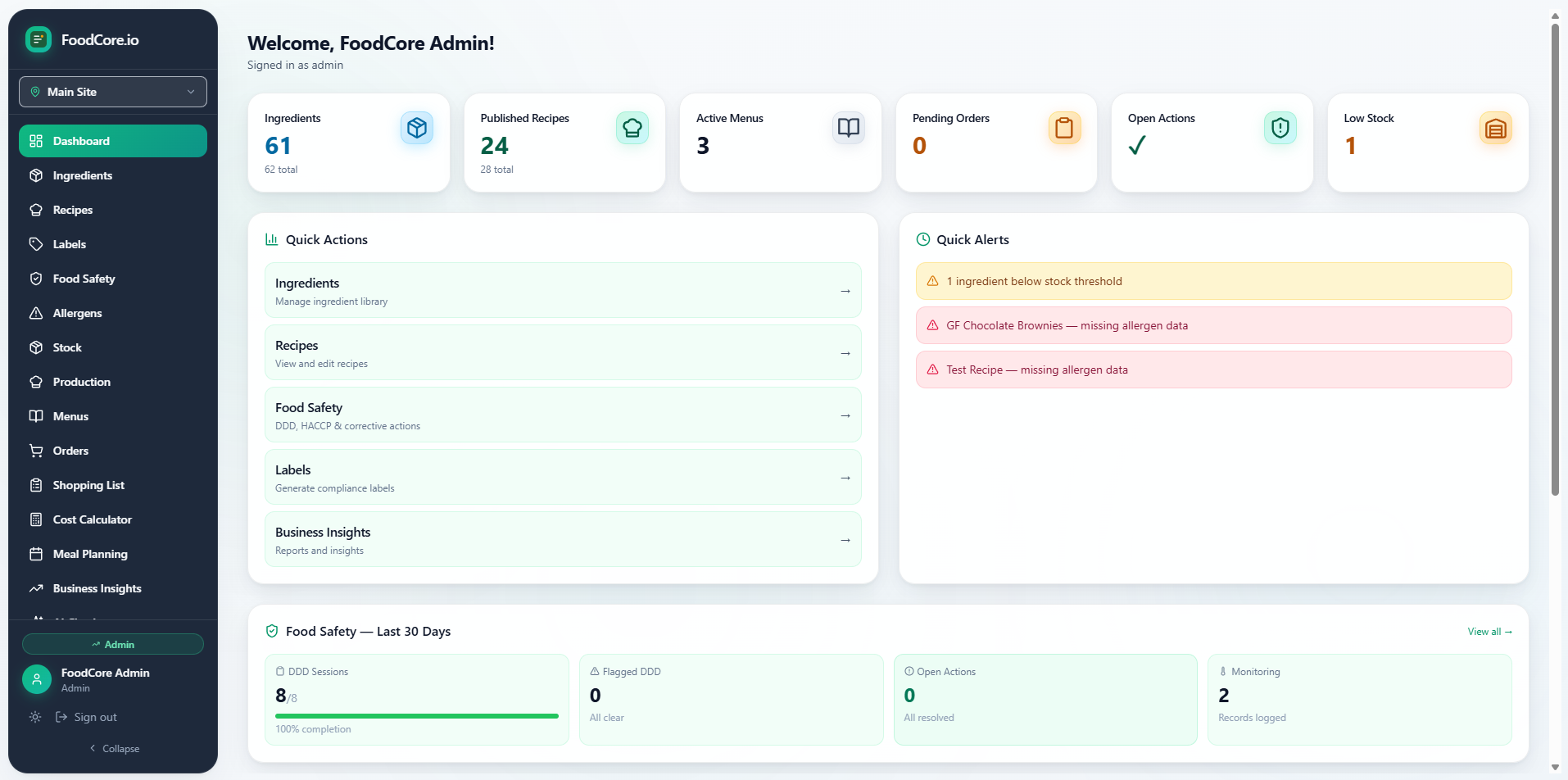 FoodCore bakery management software dashboard