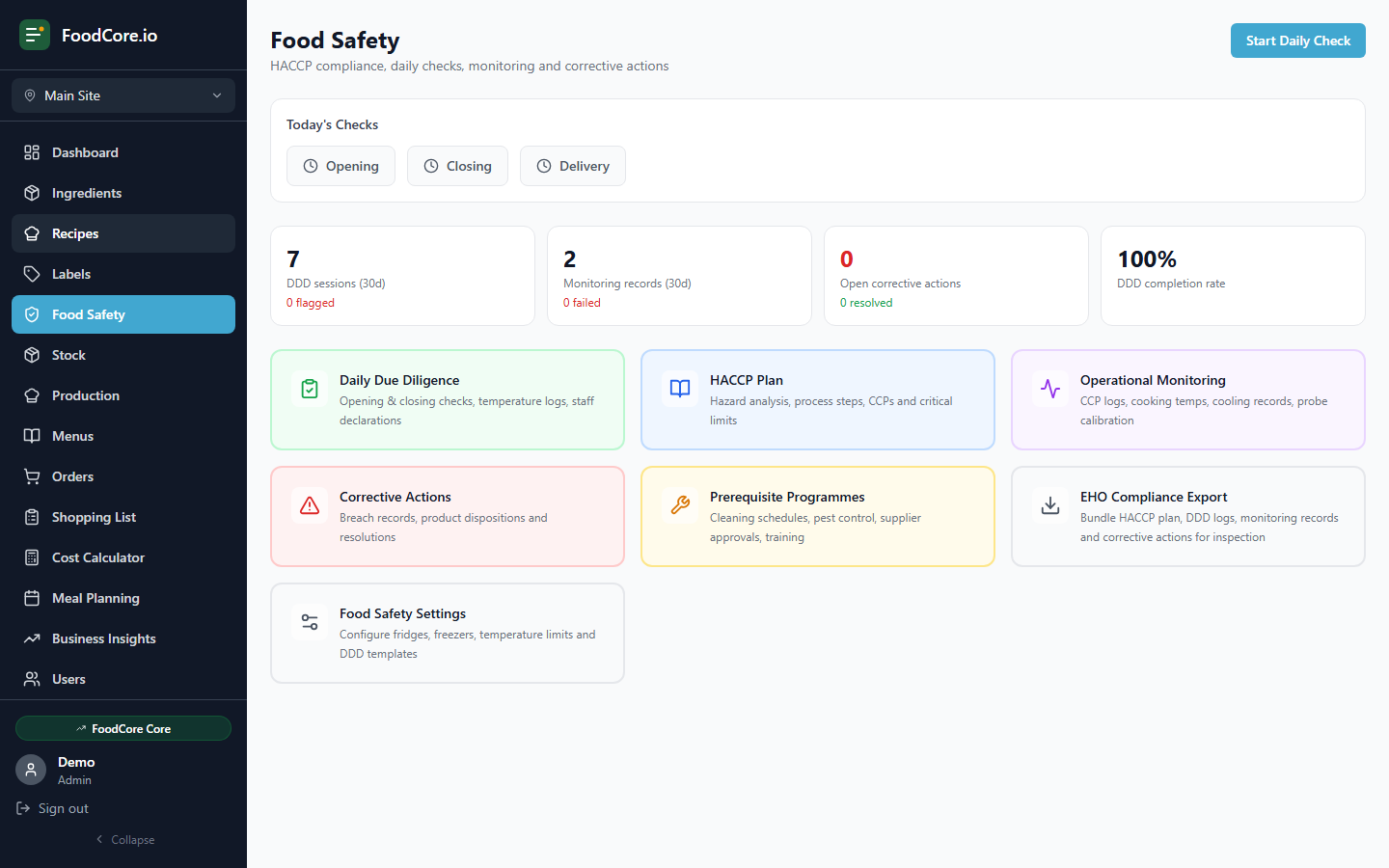 FoodCore food safety dashboard showing daily due diligence calendar with completion status