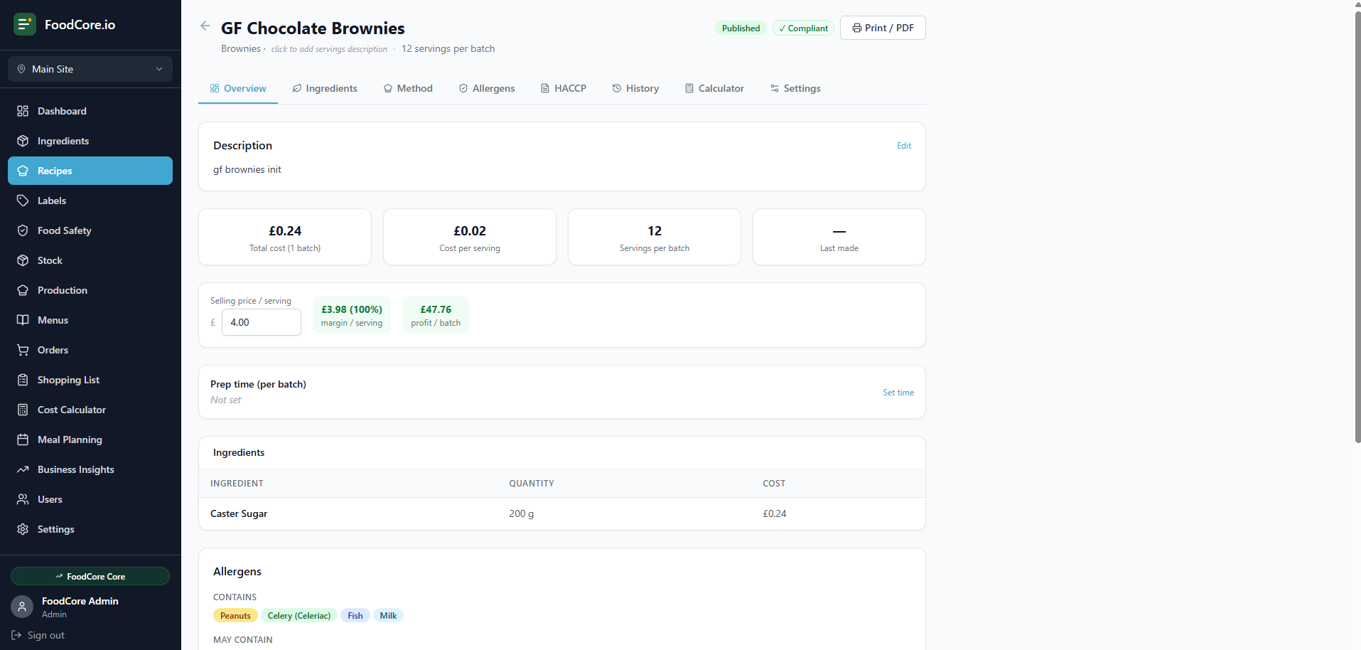 FoodCore recipe costing showing batch cost, cost per serving, selling price and gross margin