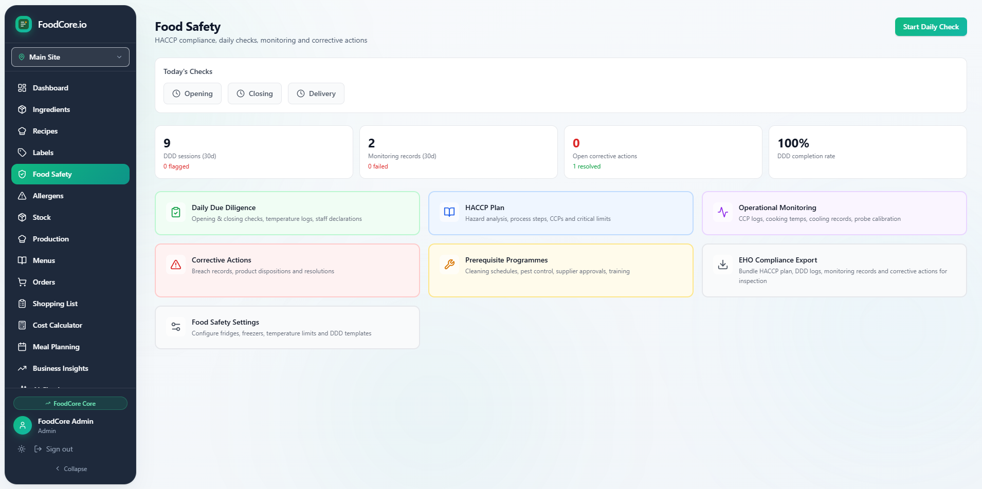 FoodCore food safety dashboard showing daily due diligence calendar with completion status
