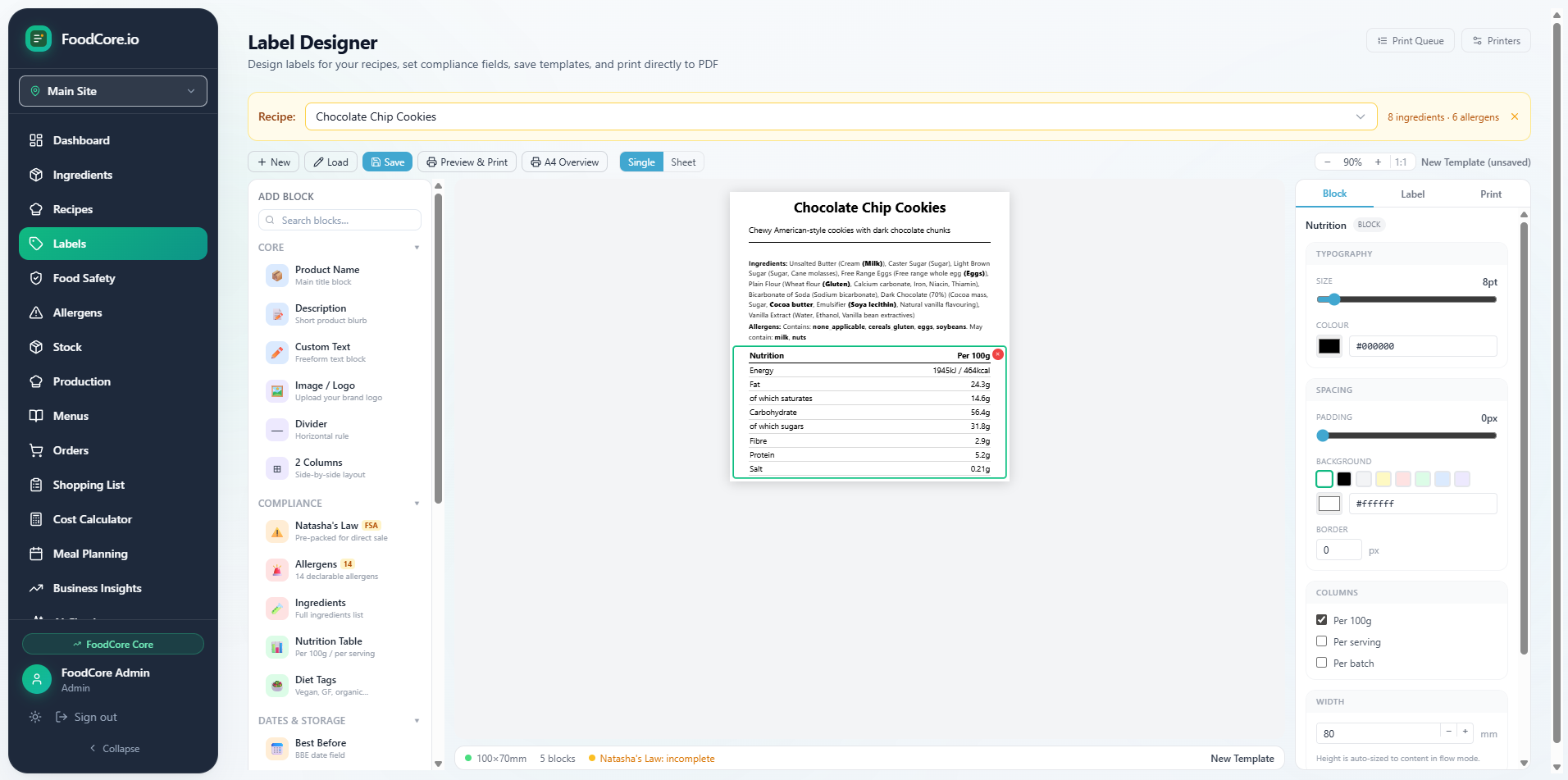 FoodCore label designer interface