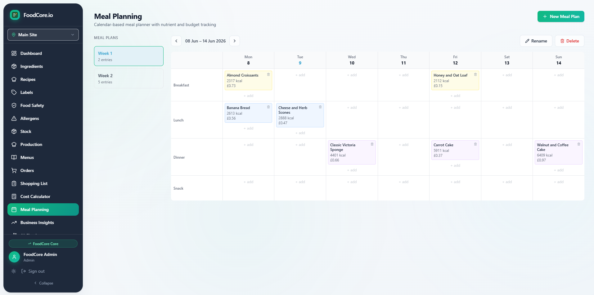 FoodCore meal planning module with calendar-based planner and nutrient tracking