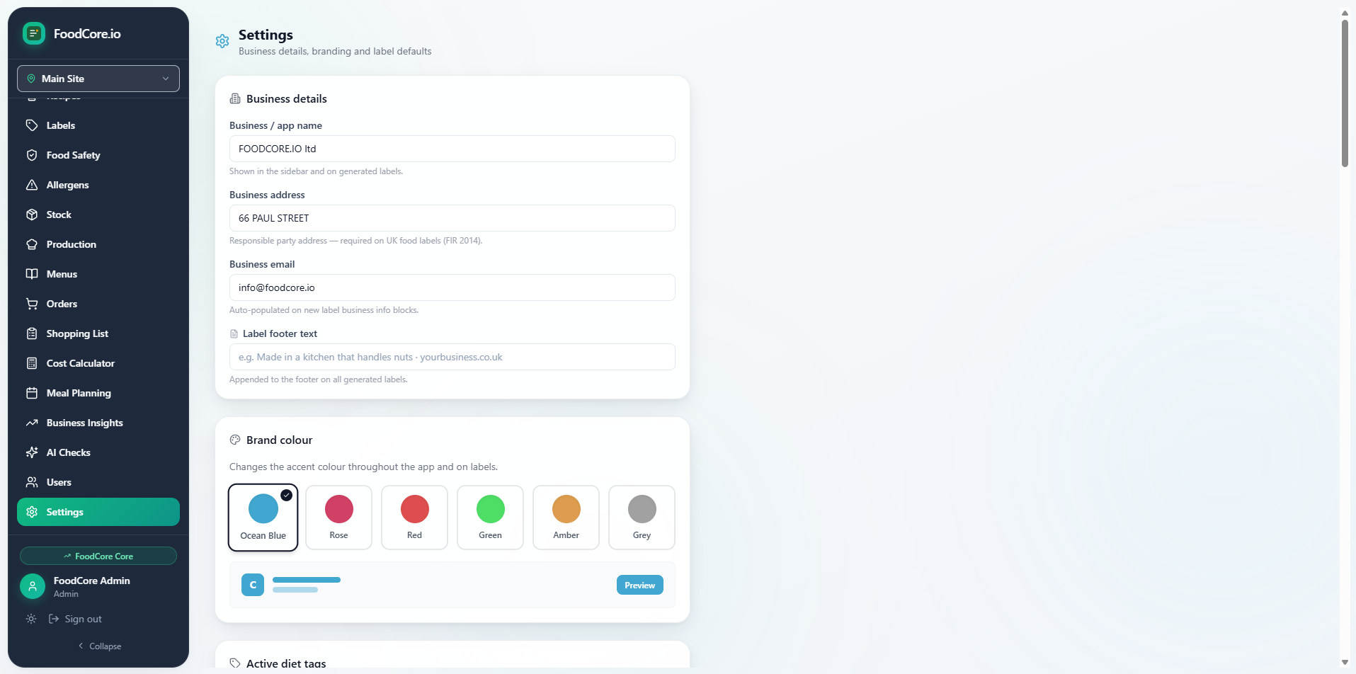 FoodCore account settings screen where the Compliance Region is configured